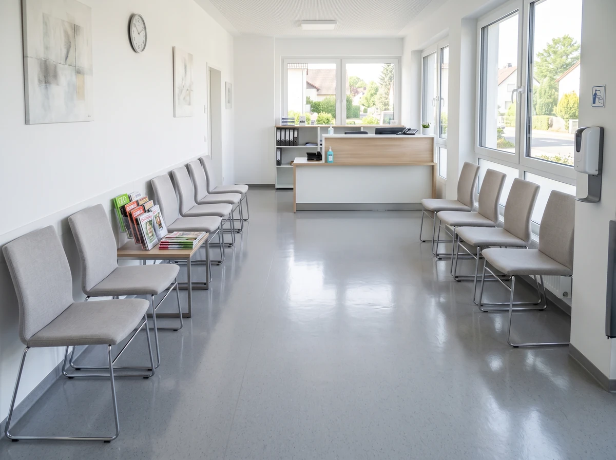 Wartezimmer einer Praxis nach der Reinigung – glänzender Boden, hygienisch saubere Sitzreihen
