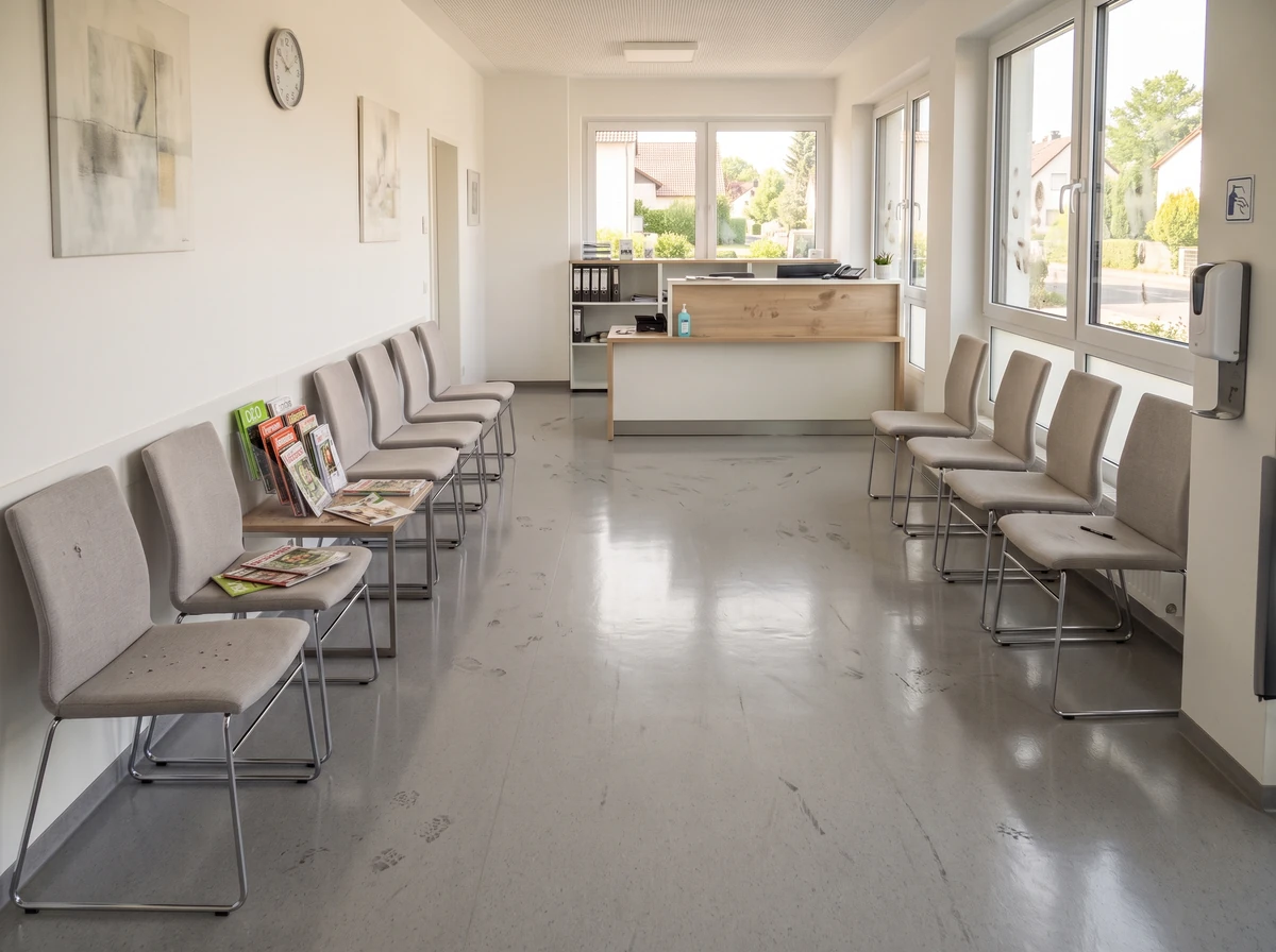 Dasselbe Wartezimmer vorher – matter, fleckiger Boden und ungepflegte Oberflächen