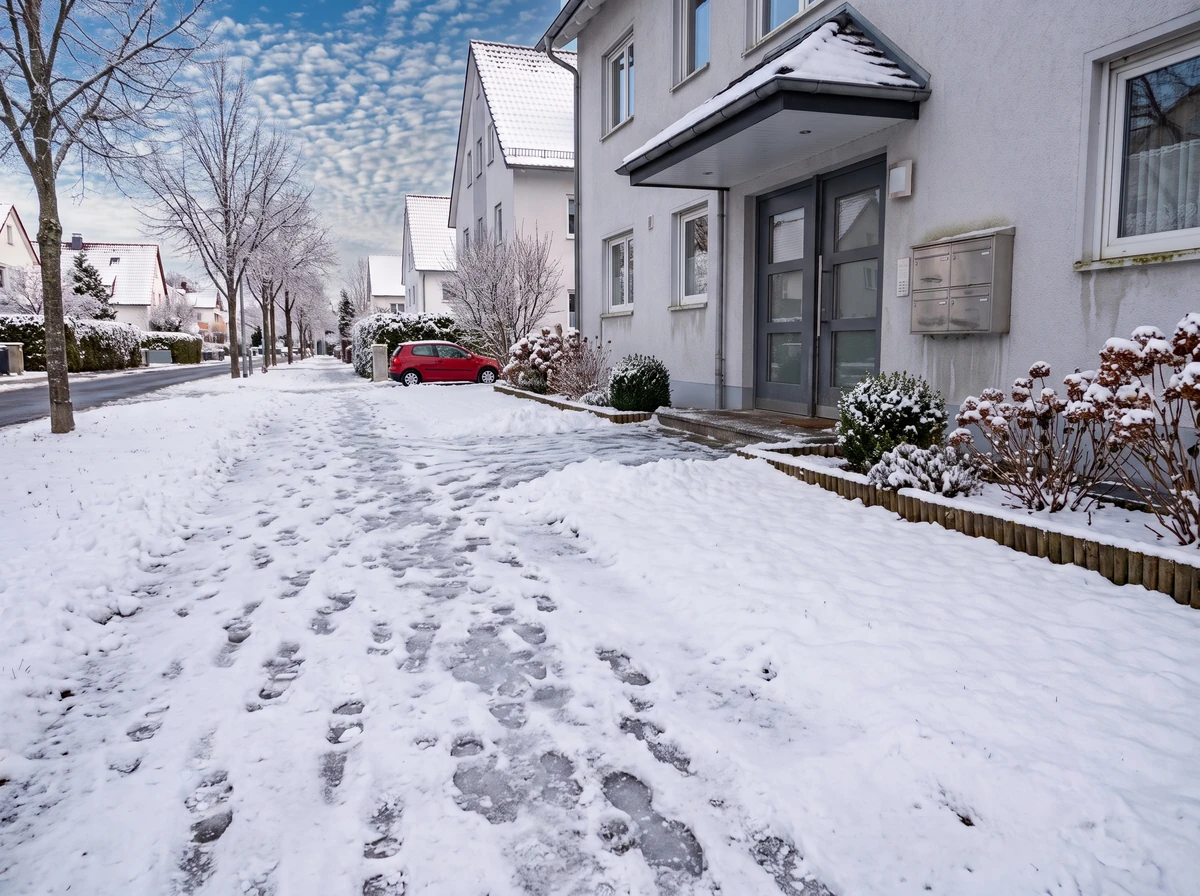Derselbe Gehweg vorher – vollständig schnee- und eisbedeckt
